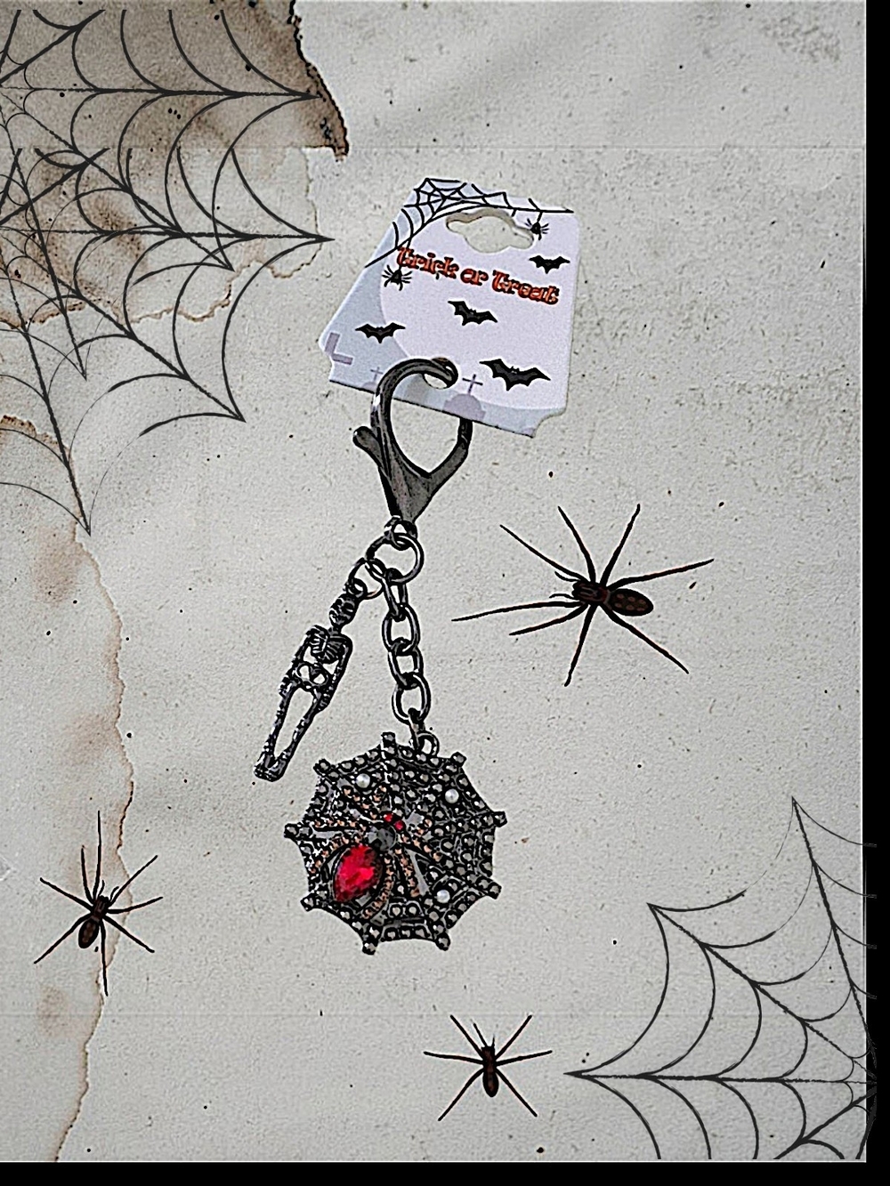 🕷Creepy Spiderweb Bag Charm with Skeleton Charm